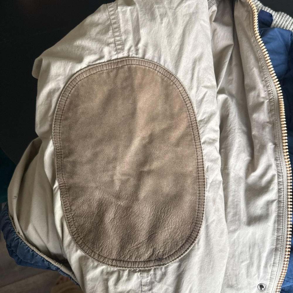 Gray and Blue Jacket with Brown Elbow Patch